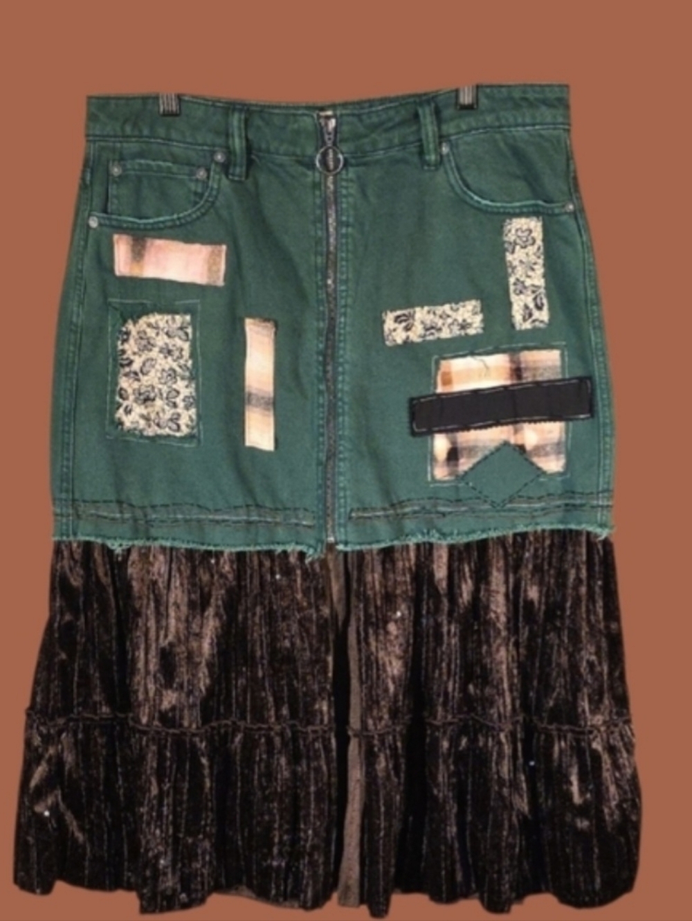 Upcycled We The Free Green Patchwork Skirt with Velvet Hem -- HOST PICK